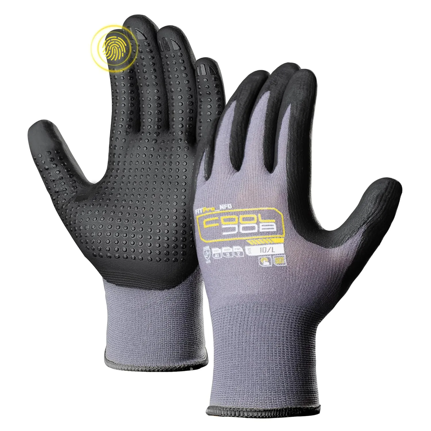 COOLJOB 12 Pairs Nitrile Rubber Dipped Safety Work Gloves with Grip Dots, Seamless Knit Nylon Gloves with 2 Fingers Touchscreen, Non-slip Coated for Warehouse, Home Improvement, Yard, Grey Large