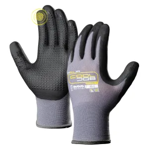 COOLJOB 12 Pairs Nitrile Rubber Dipped Safety Work Gloves with Grip Dots, Seamless Knit Nylon Gloves with 2 Fingers Touchscreen, Non-slip Coated for Warehouse, Home Improvement, Yard, Grey Large