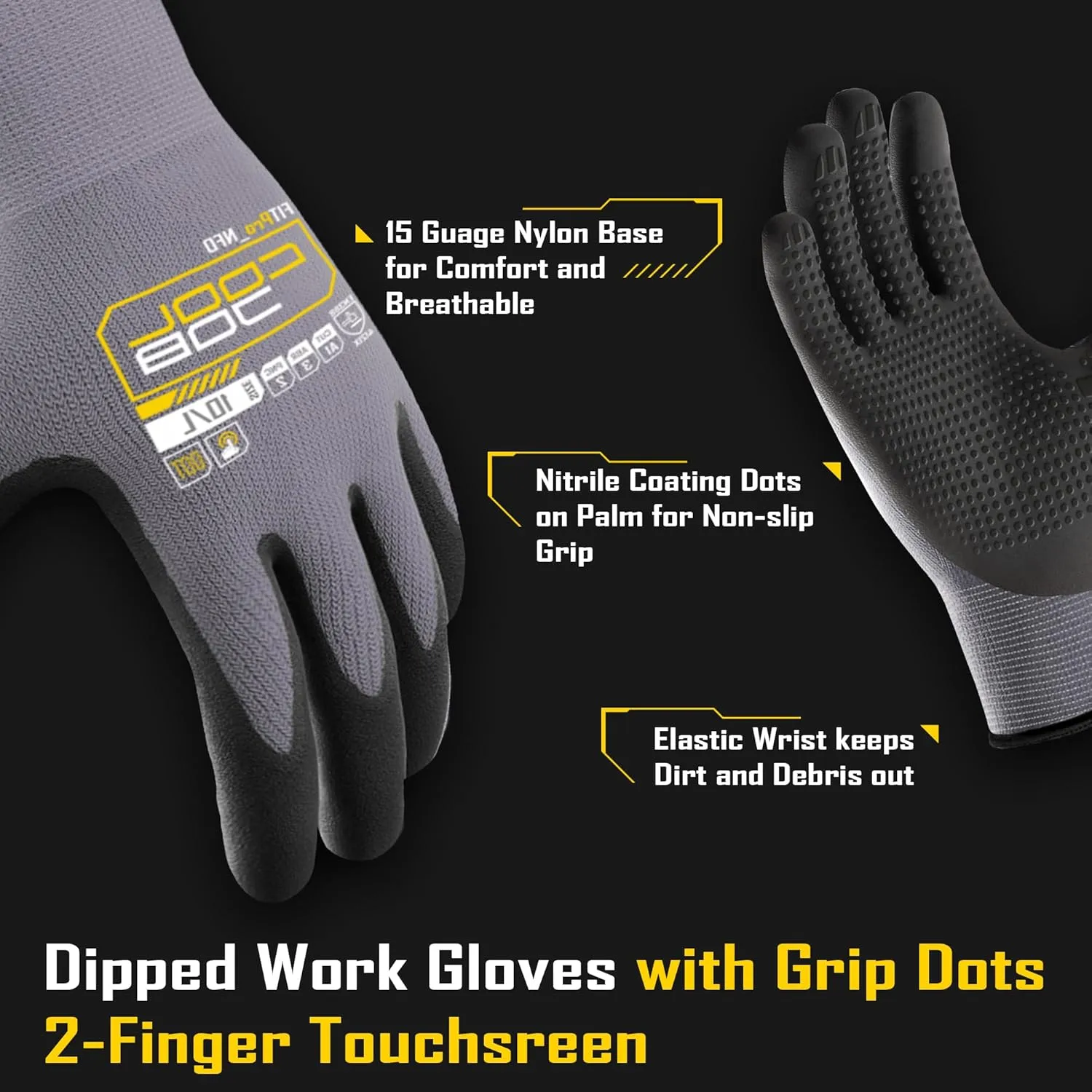 COOLJOB 12 Pairs Nitrile Rubber Dipped Safety Work Gloves with Grip Dots, Seamless Knit Nylon Gloves with 2 Fingers Touchscreen, Non-slip Coated for Warehouse, Home Improvement, Yard, Grey Large