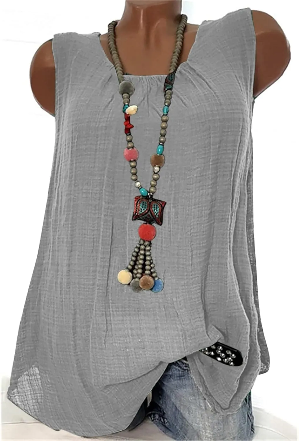 Cotton Linen Tank Tops for Women Cotton Gauze Crewneck Solid Color Sleeveless Shirt Plus Size Summer Shirts