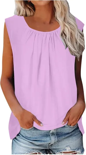Cotton Linen Tank Tops for Women Cotton Gauze Crewneck Solid Color Sleeveless Shirt Plus Size Summer Shirts