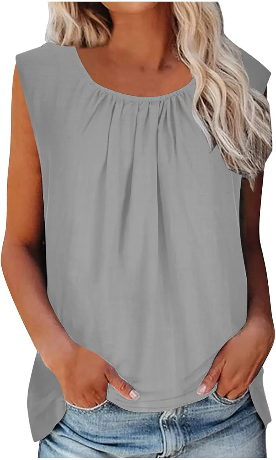 Cotton Linen Tank Tops for Women Cotton Gauze Crewneck Solid Color Sleeveless Shirt Plus Size Summer Shirts