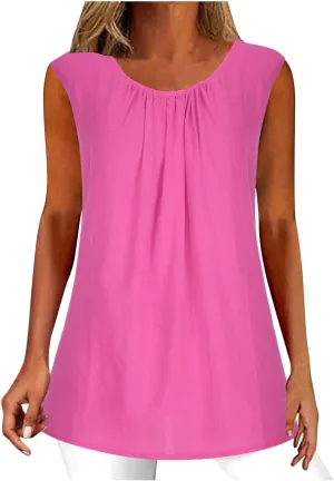 Cotton Linen Tank Tops for Women Cotton Gauze Crewneck Solid Color Sleeveless Shirt Plus Size Summer Shirts