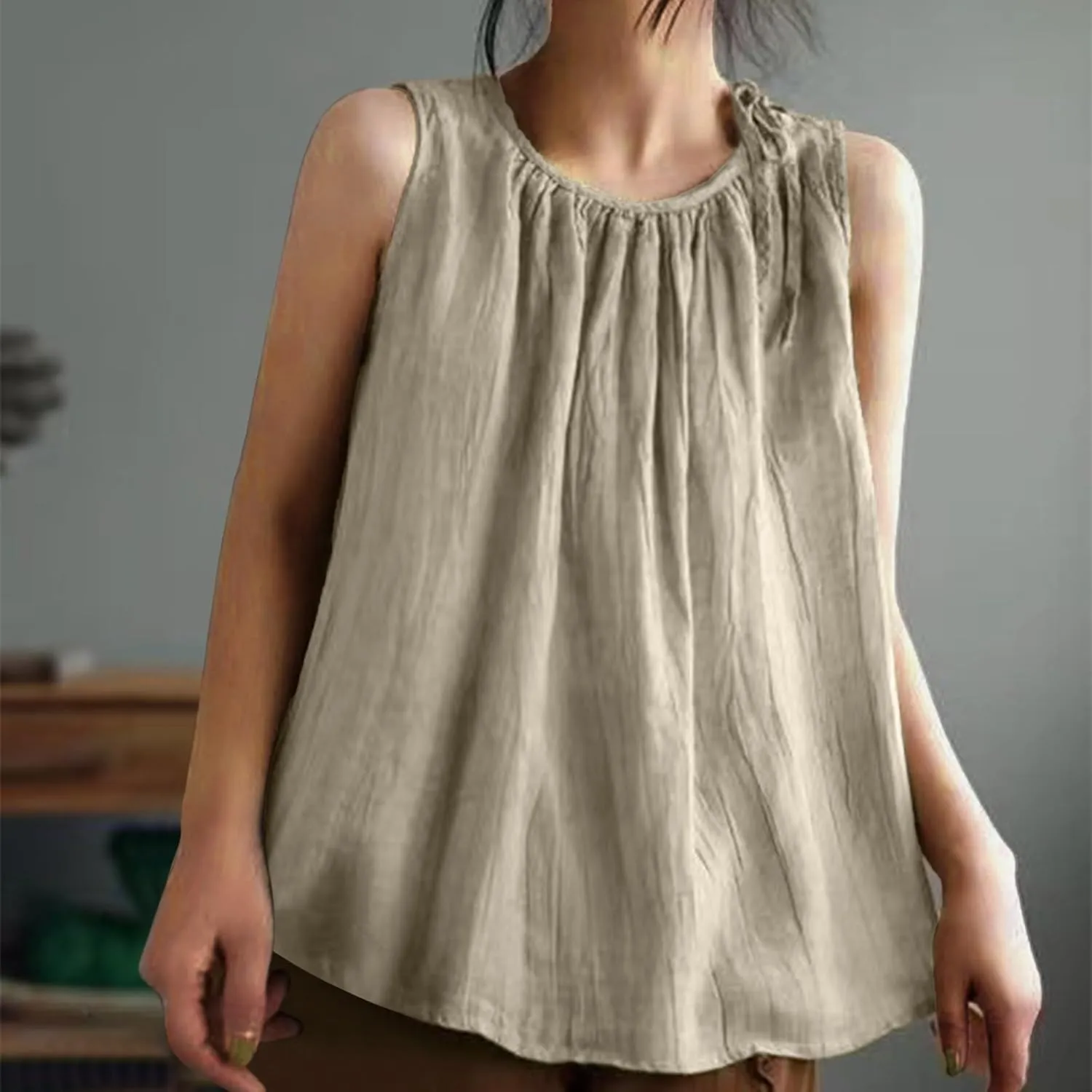 Cotton Linen Tank Tops for Women Summer Vacation Lounge Tops Loose Fit Sleeveless Round Neck Shirts Beach Tees