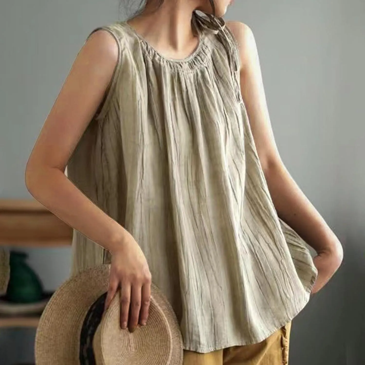 Cotton Linen Tank Tops for Women Summer Vacation Lounge Tops Loose Fit Sleeveless Round Neck Shirts Beach Tees