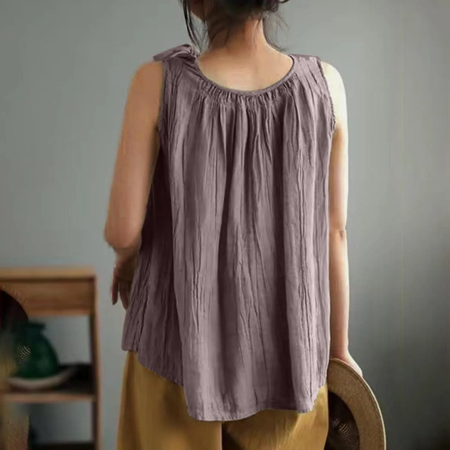 Cotton Linen Tank Tops for Women Summer Vacation Lounge Tops Loose Fit Sleeveless Round Neck Shirts Beach Tees