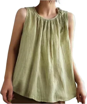 Cotton Linen Tank Tops for Women Summer Vacation Lounge Tops Loose Fit Sleeveless Round Neck Shirts Beach Tees