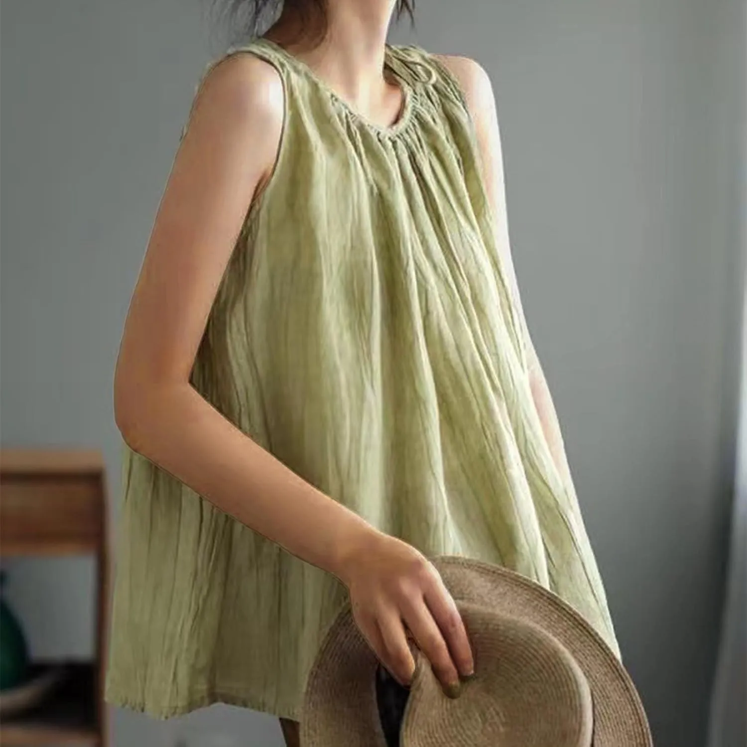 Cotton Linen Tank Tops for Women Summer Vacation Lounge Tops Loose Fit Sleeveless Round Neck Shirts Beach Tees