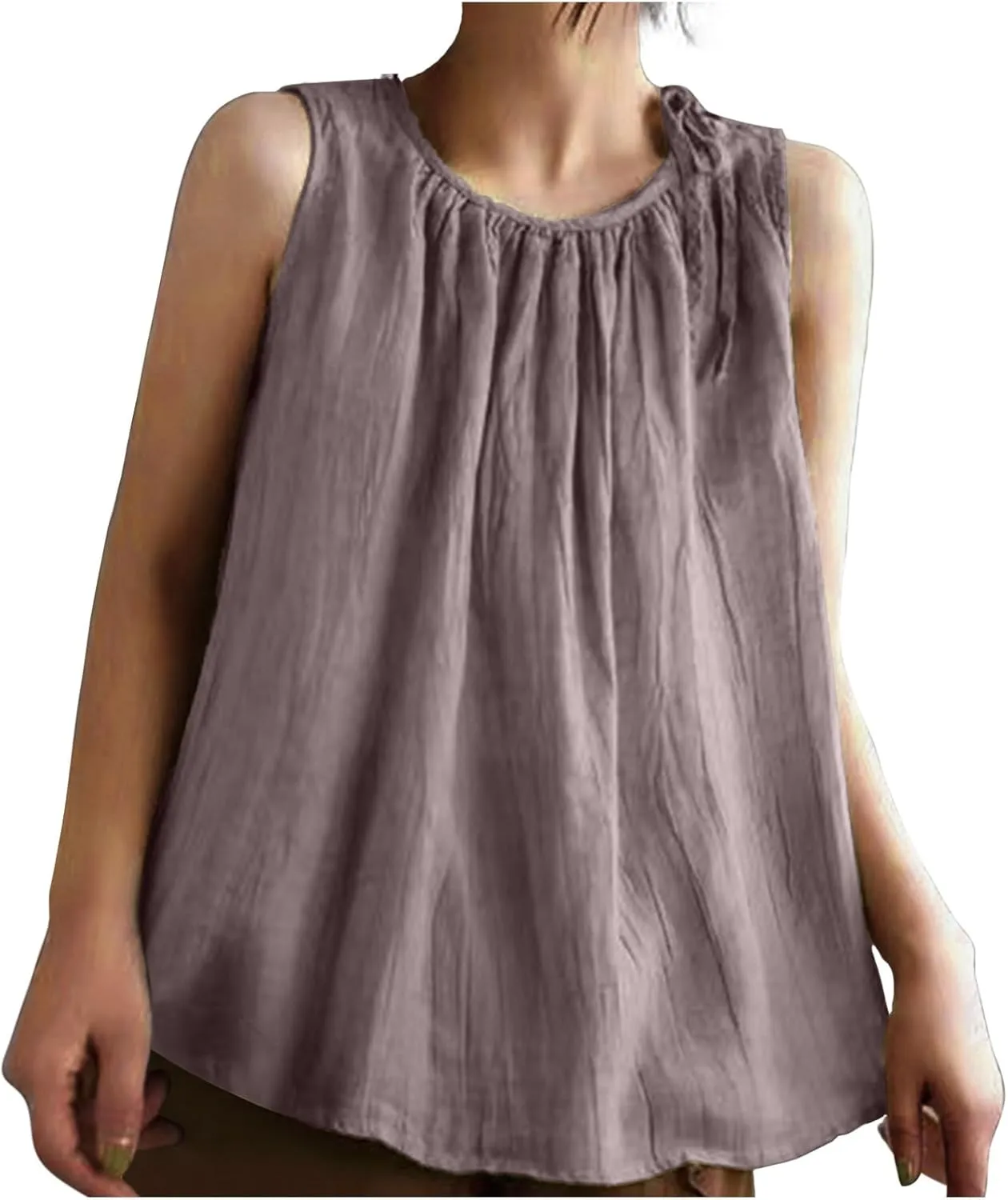 Cotton Linen Tank Tops for Women Summer Vacation Lounge Tops Loose Fit Sleeveless Round Neck Shirts Beach Tees