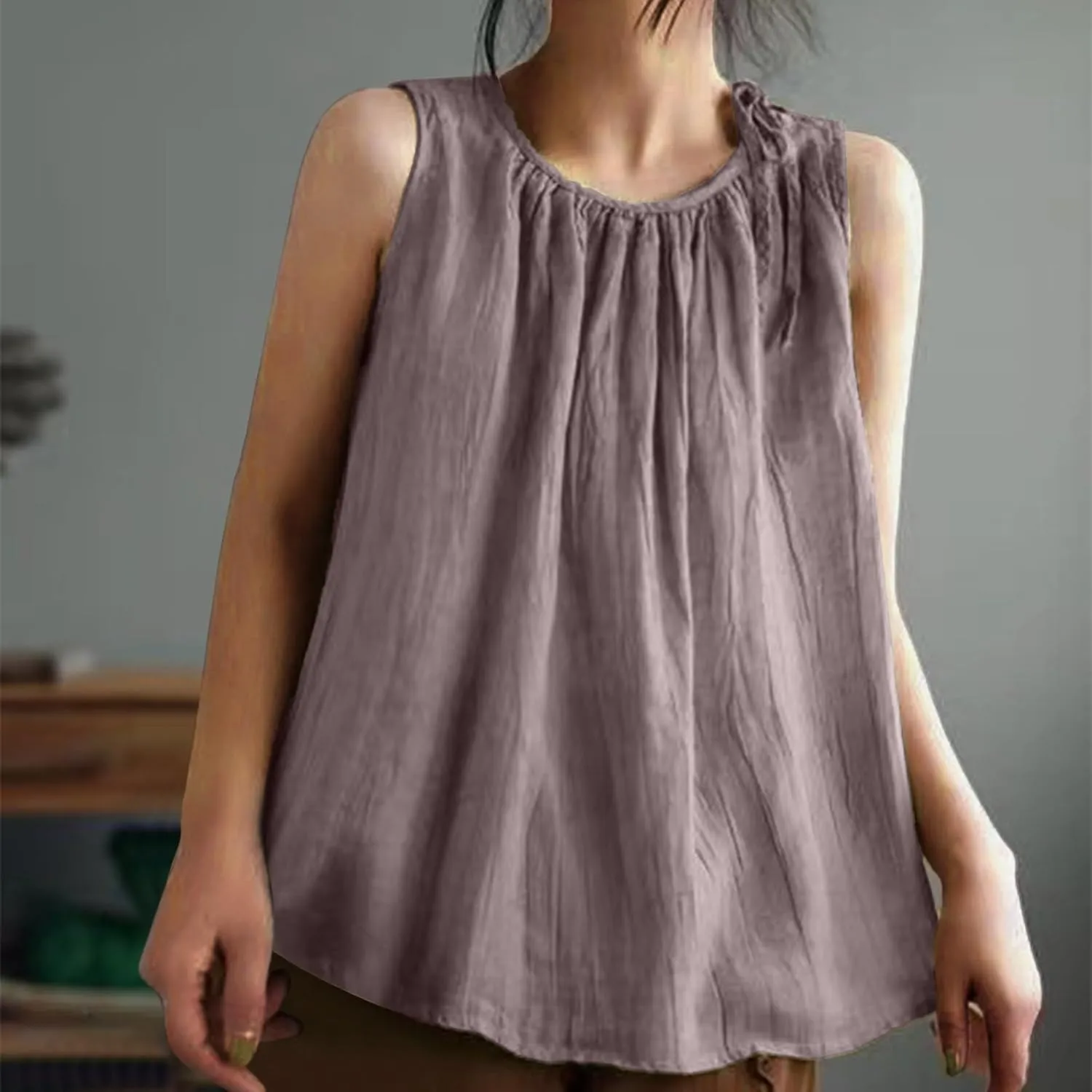 Cotton Linen Tank Tops for Women Summer Vacation Lounge Tops Loose Fit Sleeveless Round Neck Shirts Beach Tees