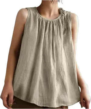Cotton Linen Tank Tops for Women Summer Vacation Lounge Tops Loose Fit Sleeveless Round Neck Shirts Beach Tees