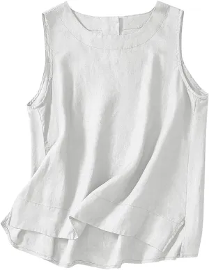 Cotton Linen Tank Tops for Women Summer Vacation Lounge Tops Loose Fit Sleeveless Scoop Neck Shirts Beach Tees Vests