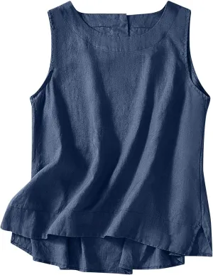 Cotton Linen Tank Tops for Women Summer Vacation Lounge Tops Loose Fit Sleeveless Scoop Neck Shirts Beach Tees Vests