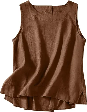 Cotton Linen Tank Tops for Women Summer Vacation Lounge Tops Loose Fit Sleeveless Scoop Neck Shirts Beach Tees Vests