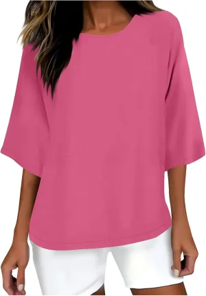 Cotton Linen Tops for Women Crewneck 3/4 Sleeve Summer Casual Shirts Loose Fit Going Out Cute Tshirt 2025 Trendy