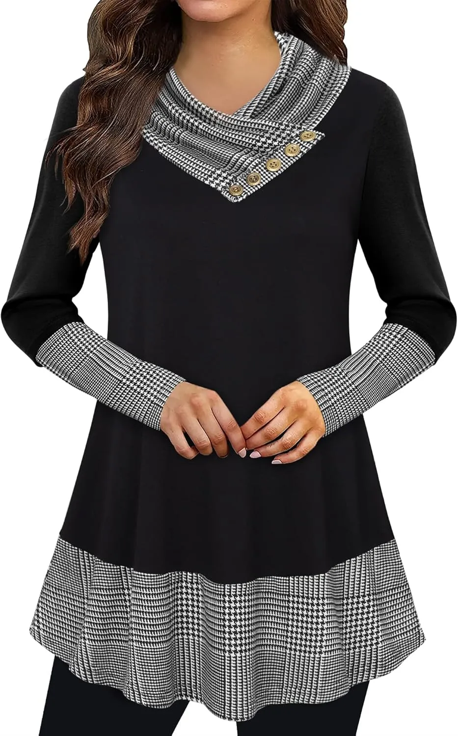 Cowl Neck Tunics Long Sleeve Patchwork Form Fitting Casual A-Line Top Blouse