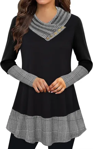 Cowl Neck Tunics Long Sleeve Patchwork Form Fitting Casual A-Line Top Blouse
