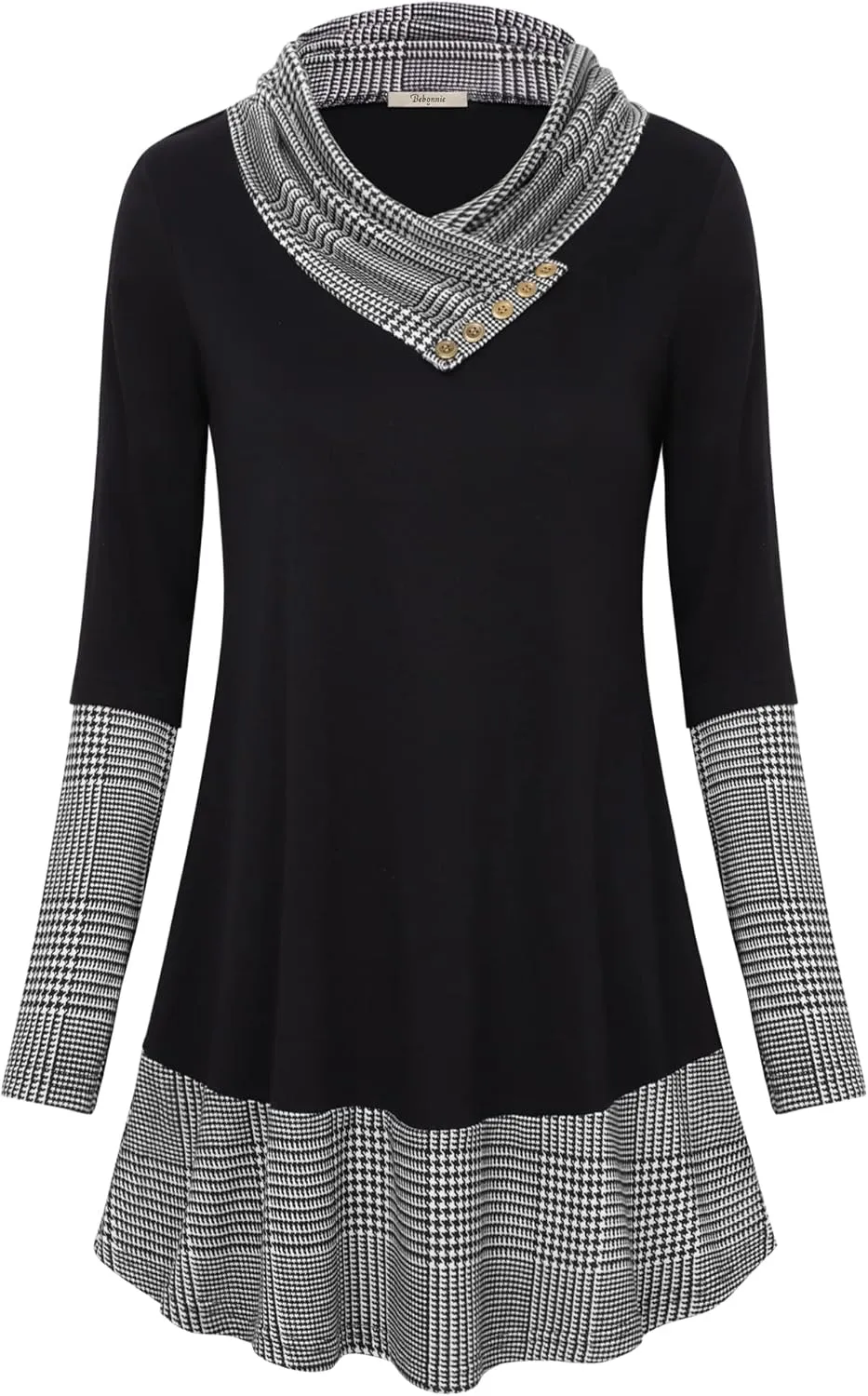 Cowl Neck Tunics Long Sleeve Patchwork Form Fitting Casual A-Line Top Blouse