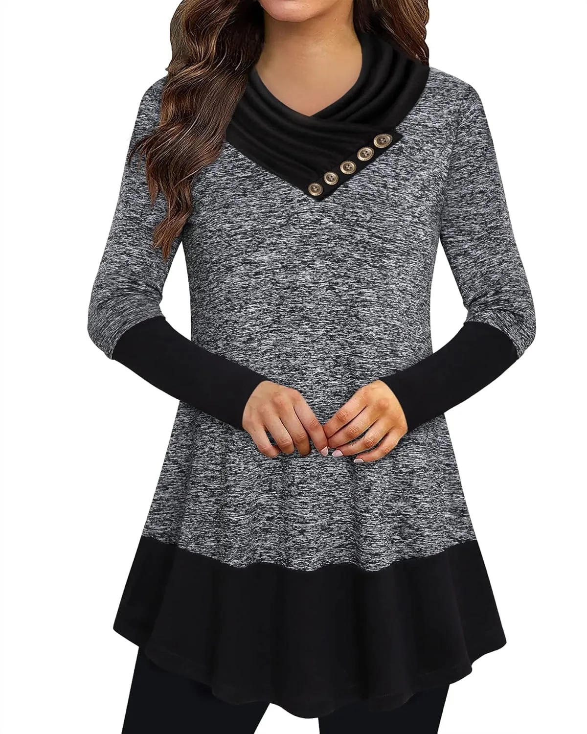 Cowl Neck Tunics Long Sleeve Patchwork Form Fitting Casual A-Line Top Blouse