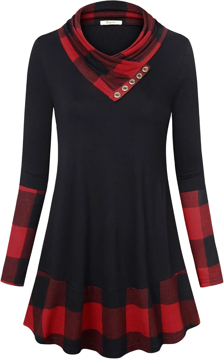 Cowl Neck Tunics Long Sleeve Patchwork Form Fitting Casual A-Line Top Blouse