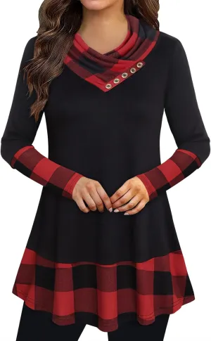 Cowl Neck Tunics Long Sleeve Patchwork Form Fitting Casual A-Line Top Blouse