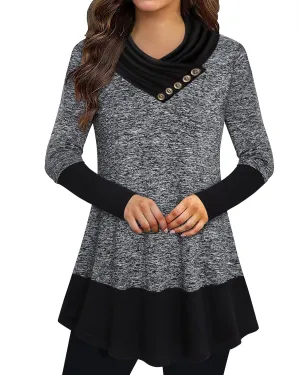 Cowl Neck Tunics Long Sleeve Patchwork Form Fitting Casual A-Line Top Blouse