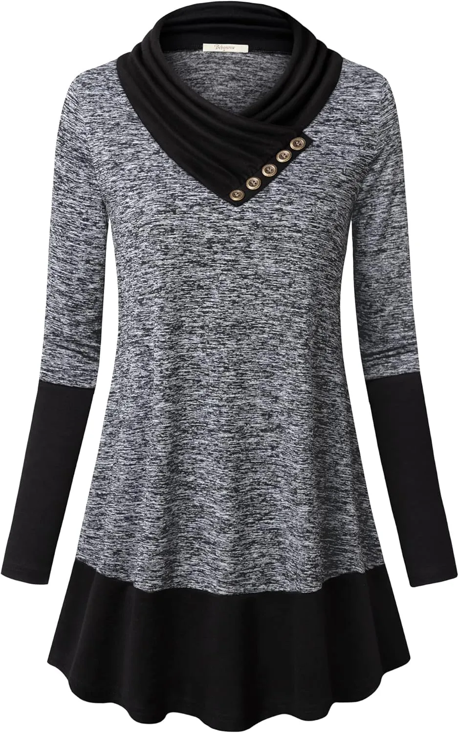 Cowl Neck Tunics Long Sleeve Patchwork Form Fitting Casual A-Line Top Blouse