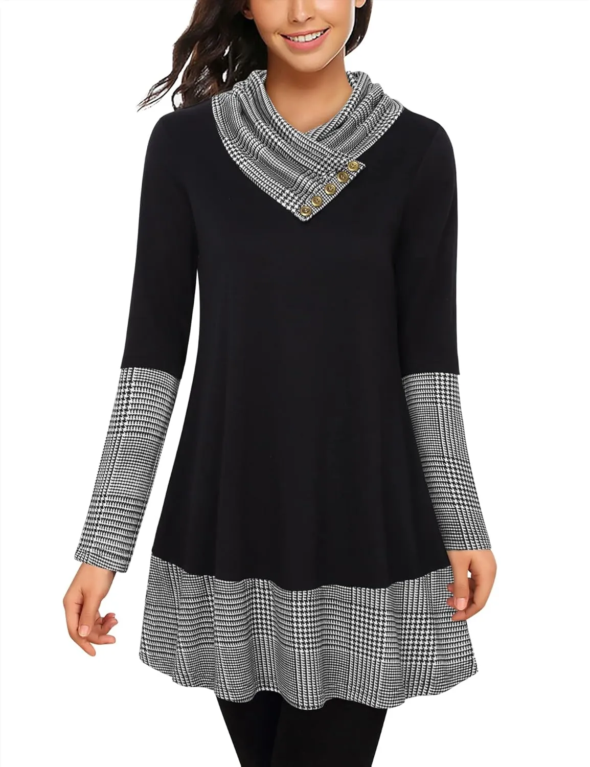Cowl Neck Tunics Long Sleeve Patchwork Form Fitting Casual A-Line Top Blouse