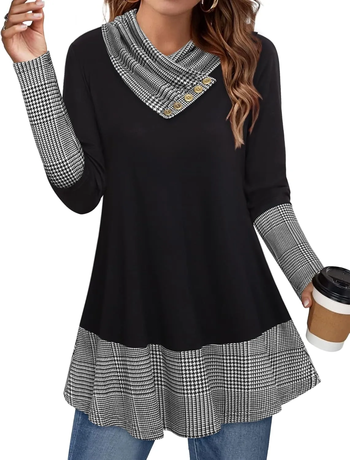Cowl Neck Tunics Long Sleeve Patchwork Form Fitting Casual A-Line Top Blouse