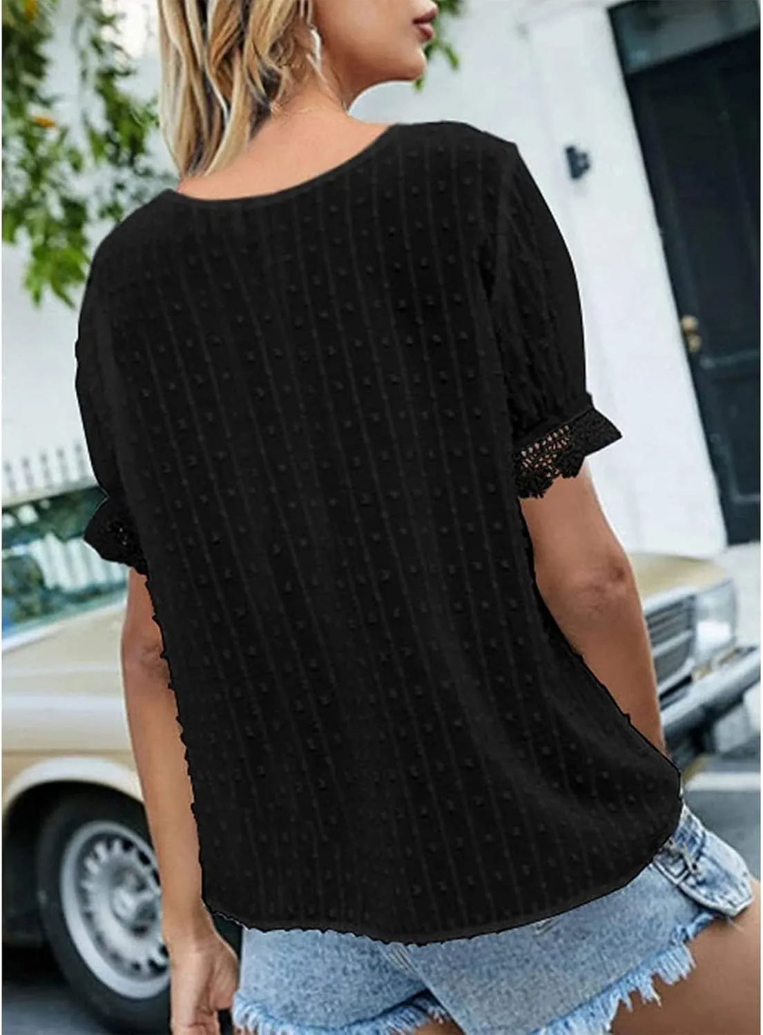 DASAYO Women Chiffon V Neck T-Shirts Lace Splice Swiss Dot Shirts Top Dressy Casual Fashion 2023 Summer Tshirts Blouses