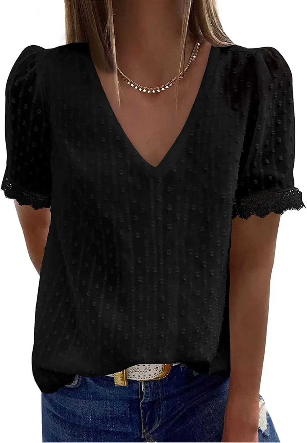 DASAYO Women Chiffon V Neck T-Shirts Lace Splice Swiss Dot Shirts Top Dressy Casual Fashion 2023 Summer Tshirts Blouses