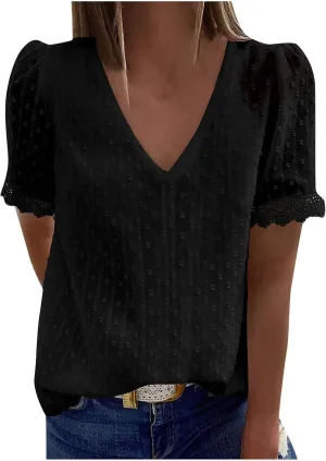 DASAYO Women Chiffon V Neck T-Shirts Lace Splice Swiss Dot Shirts Top Dressy Casual Fashion 2023 Summer Tshirts Blouses
