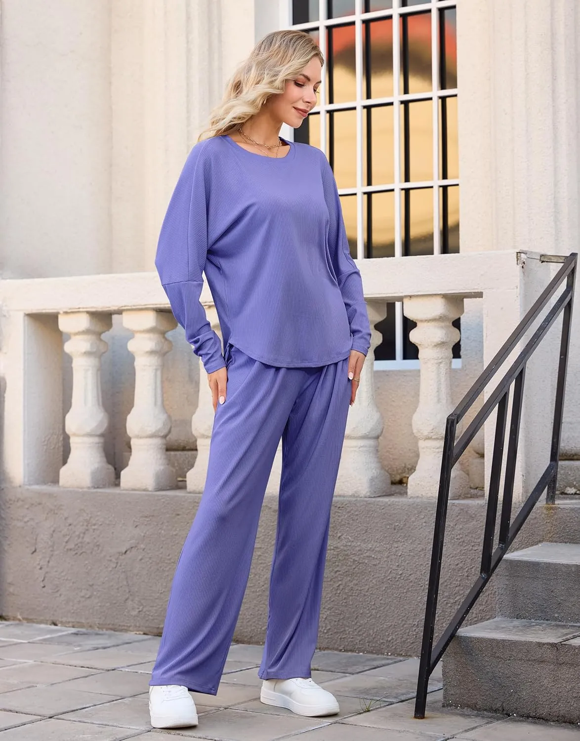 difficort Womens 2 Piece Outfits Batwing Sleeve Lounge Sets Wide Leg Loungewear Workout Sets with Pockets
