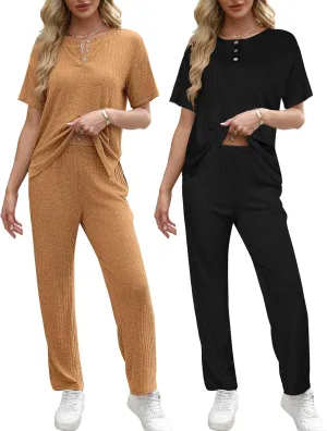 Ekouaer 2 Pack Womens Ribbed Knit Lounge Set Short Sleeve Loungewear Henly Neck Top and Pants Sleepwear Pajama with Pockets
