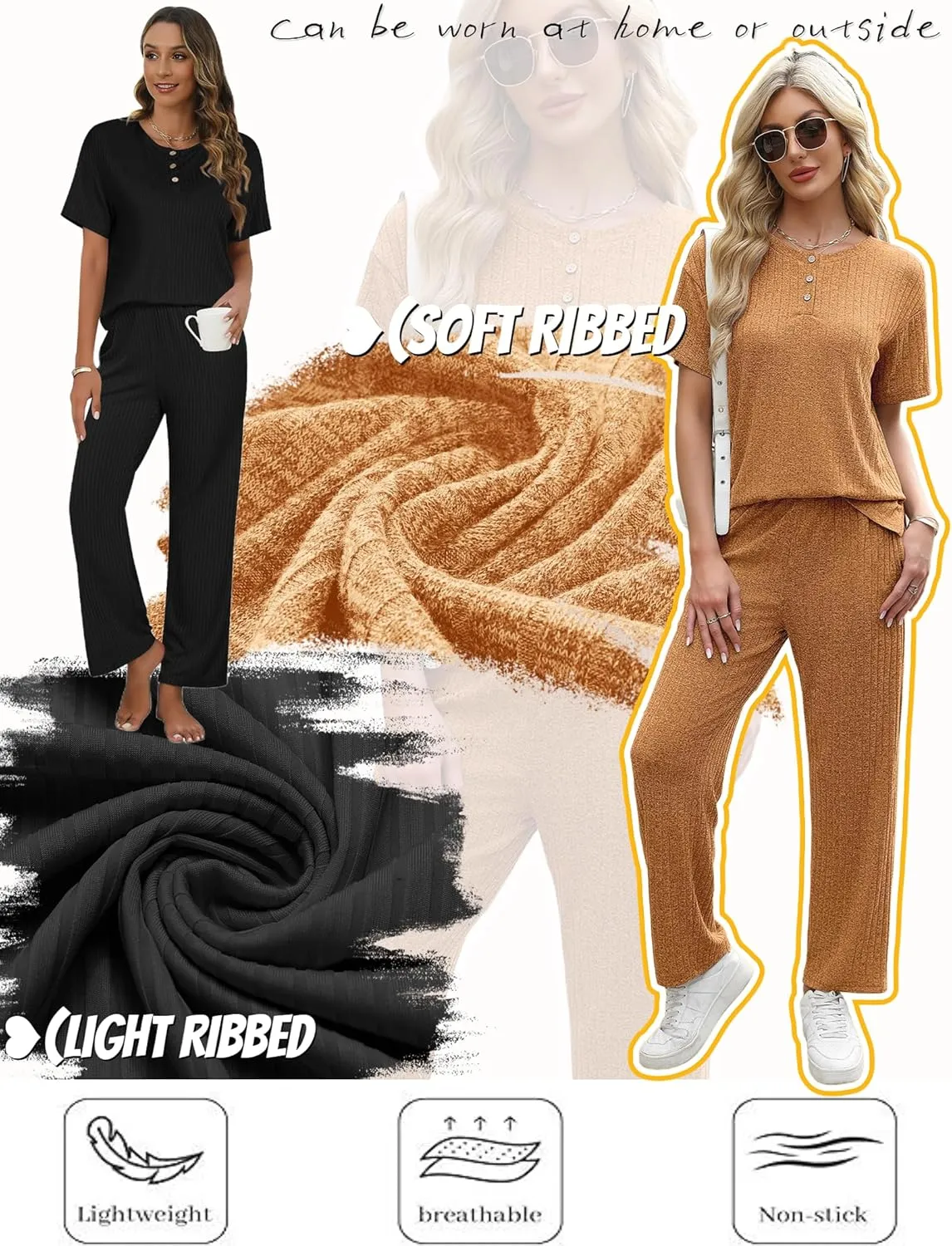 Ekouaer 2 Pack Womens Ribbed Knit Lounge Set Short Sleeve Loungewear Henly Neck Top and Pants Sleepwear Pajama with Pockets