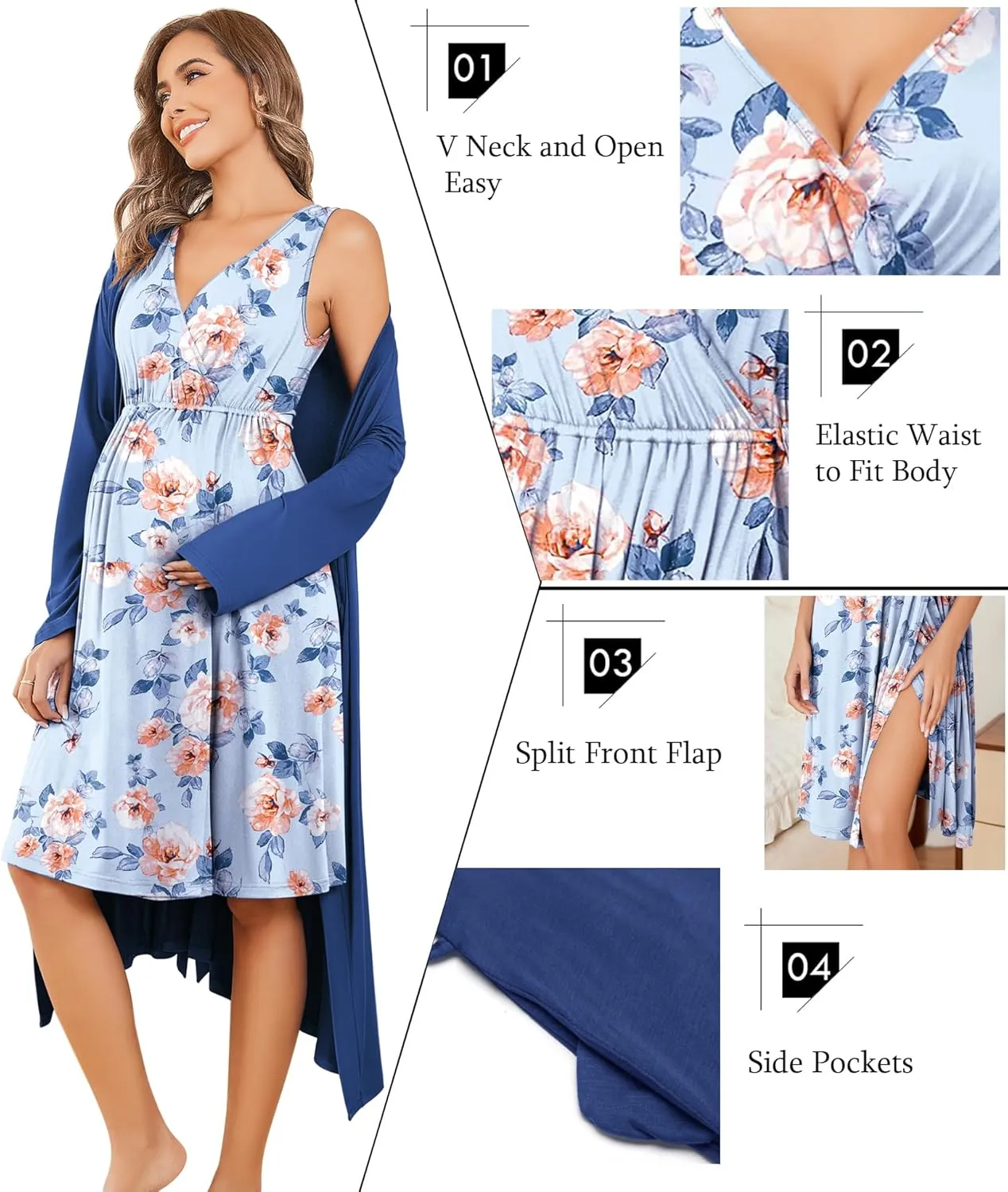 Ekouaer Maternity Nursing Gown and Robe Set Labor Delivery Nursing Nightgowns for Breastfeeding Pregnancy Clothes