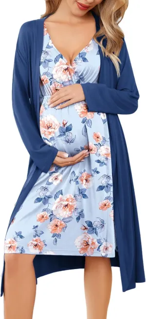 Ekouaer Maternity Nursing Gown and Robe Set Labor Delivery Nursing Nightgowns for Breastfeeding Pregnancy Clothes