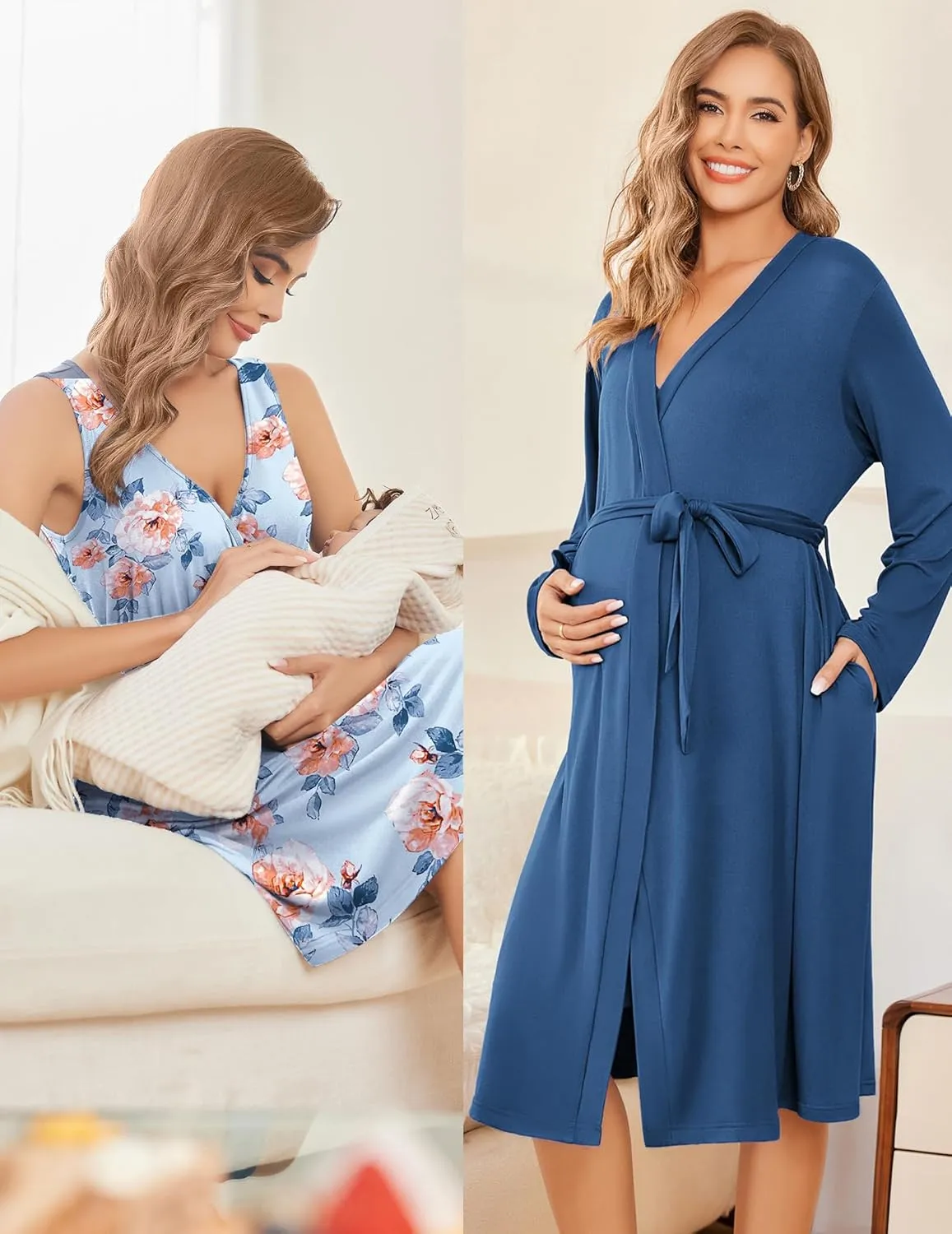 Ekouaer Maternity Nursing Gown and Robe Set Labor Delivery Nursing Nightgowns for Breastfeeding Pregnancy Clothes
