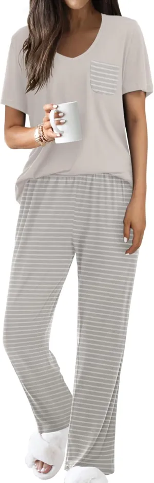 Ekouaer Pajama Sets For Women 2 Piece Short Sleeve Pj Sets With Long Printed Pants Sleepwear Casual Loose Lounge Sets