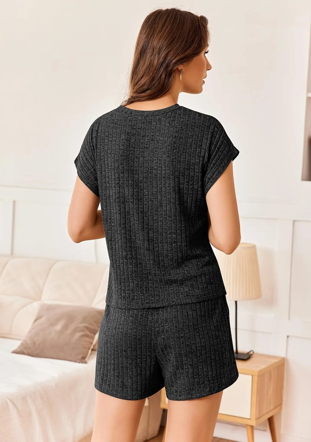 Ekouaer Pajamas Set for Women 2 Piece Pjs Ribbed Knit Lounge Set Cap Sleeve Loungewear Sleepwear S-XXL