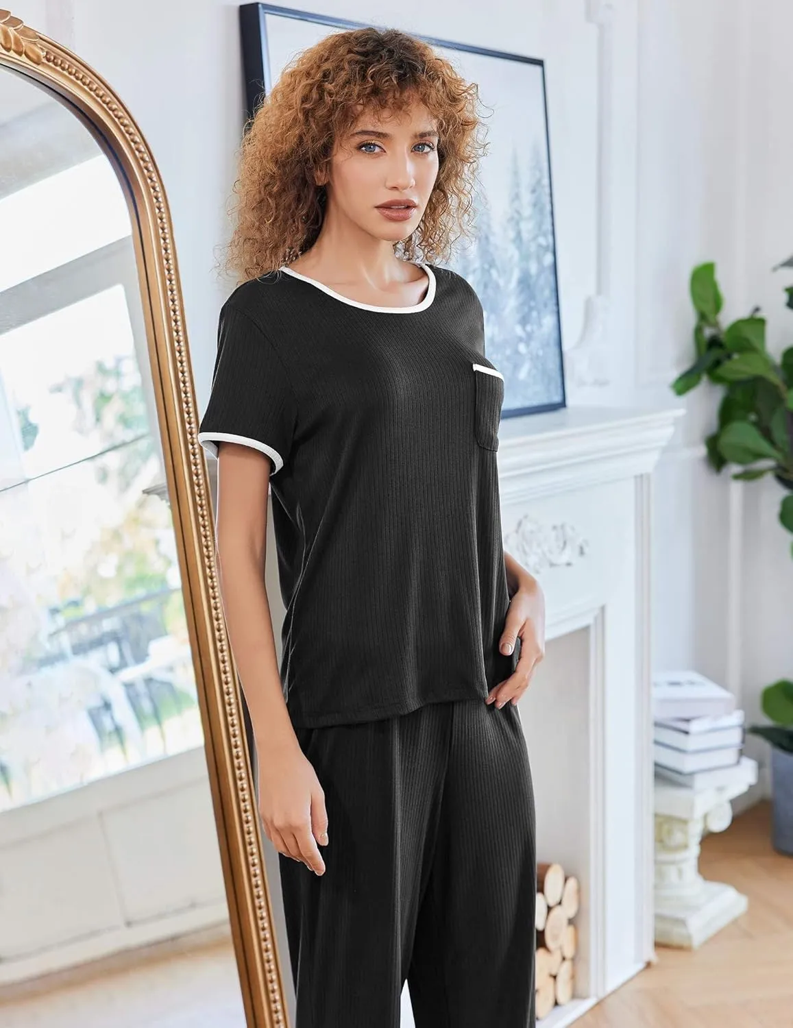 Ekouaer Women Lounge Pajamas Sets Ribbed Knit PJ Short Sleeve and Long Pajama Pant Soft 2 Piece Sleepwear Loungwear Set