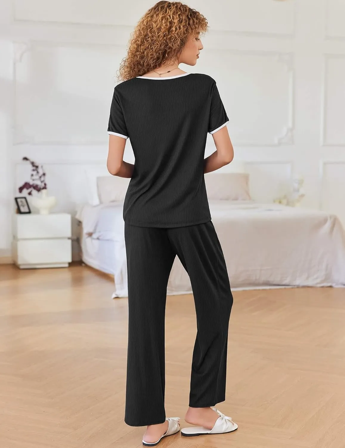 Ekouaer Women Lounge Pajamas Sets Ribbed Knit PJ Short Sleeve and Long Pajama Pant Soft 2 Piece Sleepwear Loungwear Set