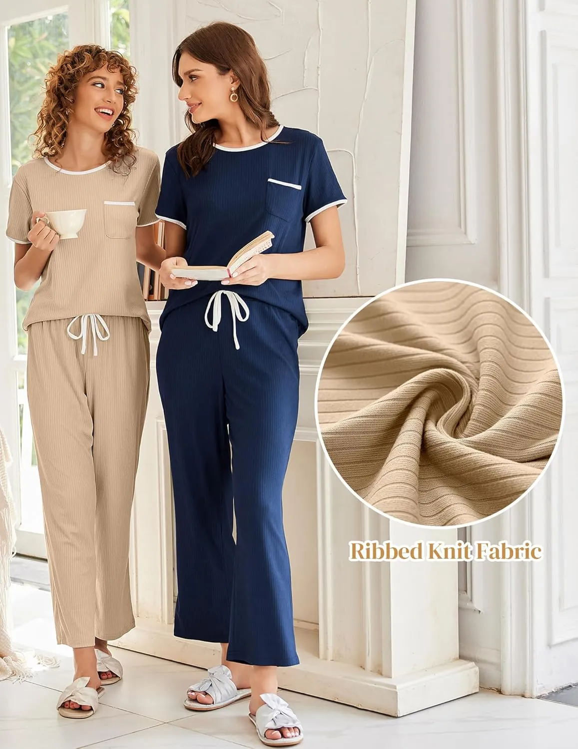 Ekouaer Women Lounge Pajamas Sets Ribbed Knit PJ Short Sleeve and Long Pajama Pant Soft 2 Piece Sleepwear Loungwear Set