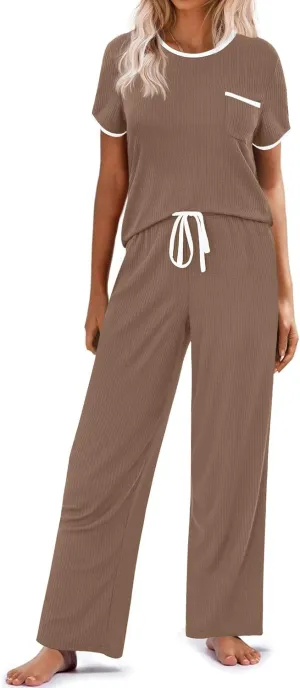 Ekouaer Women Lounge Pajamas Sets Ribbed Knit PJ Short Sleeve and Long Pajama Pant Soft 2 Piece Sleepwear Loungwear Set