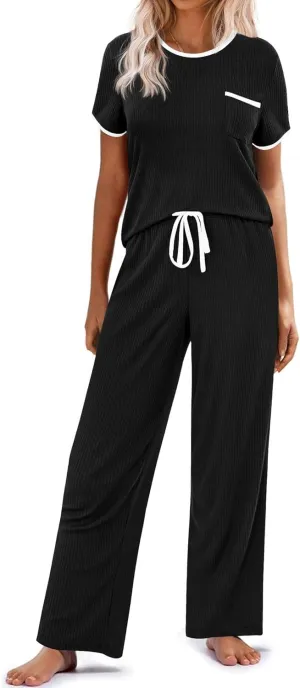 Ekouaer Women Lounge Pajamas Sets Ribbed Knit PJ Short Sleeve and Long Pajama Pant Soft 2 Piece Sleepwear Loungwear Set