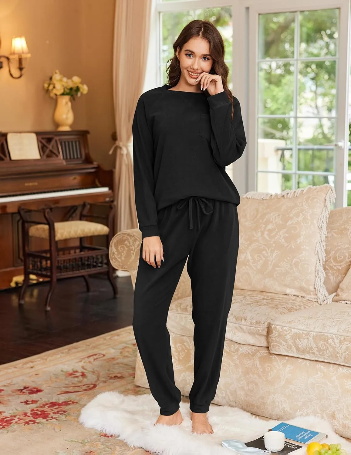 Ekouaer Womens Fuzzy Fleece Pajama Sets Long Sleeve Jogger Sets Comfy Sleepwear Loungewear with Pockets
