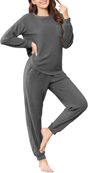 Ekouaer Womens Fuzzy Fleece Pajama Sets Long Sleeve Jogger Sets Comfy Sleepwear Loungewear with Pockets