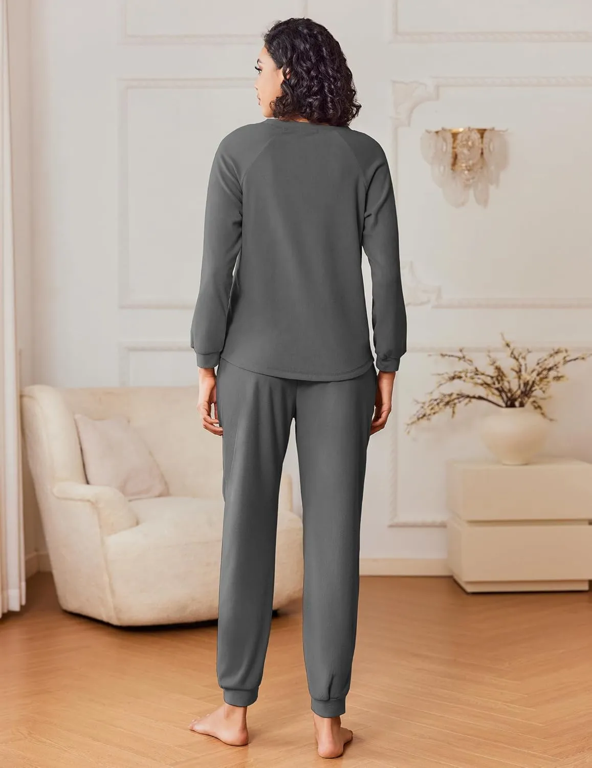 Ekouaer Womens Fuzzy Fleece Pajama Sets Long Sleeve Jogger Sets Comfy Sleepwear Loungewear with Pockets