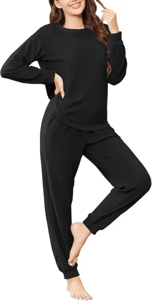 Ekouaer Womens Fuzzy Fleece Pajama Sets Long Sleeve Jogger Sets Comfy Sleepwear Loungewear with Pockets