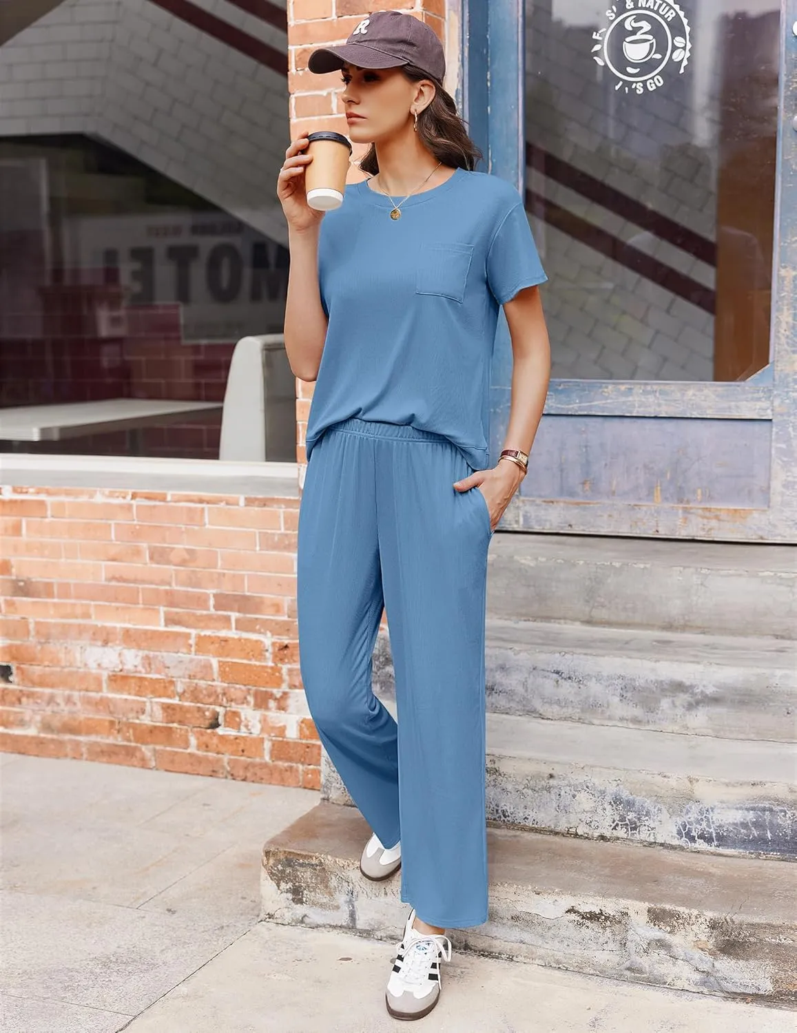 Ekouaer Womens Ribbed Knit Lounge Set Short Sleeve Top and Long Pants Soft Pajama Set 2 Piece Sleepwear with Pockets